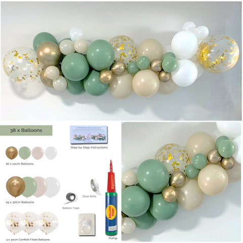 Balloon Arch Garland DIY Kit - Rustic Eucalyptus Green, Gold, White & Sand - 1.7m